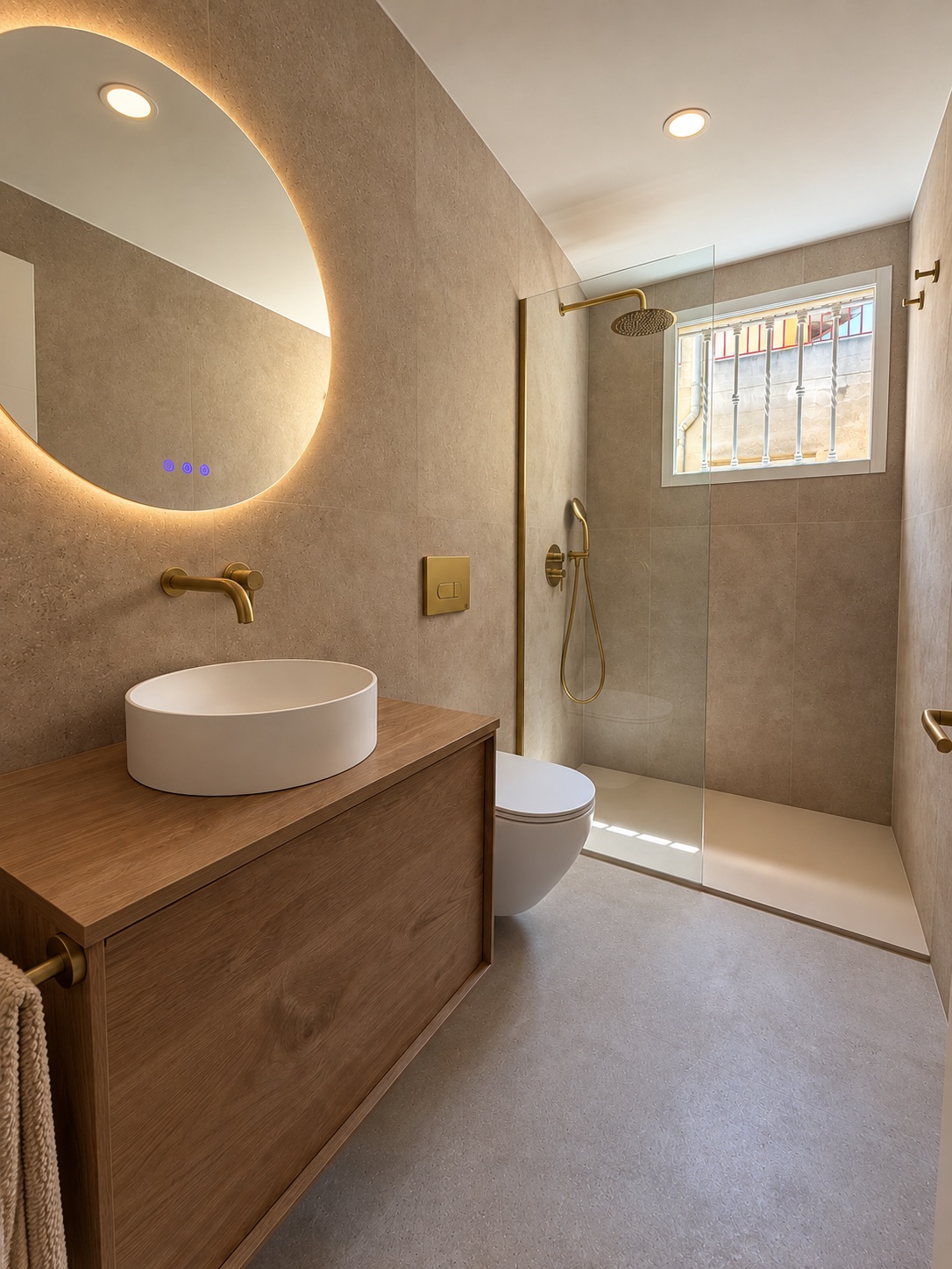 Después · Baño reformado con ducha a ras de suelo, mueble de madera y grifería en latón